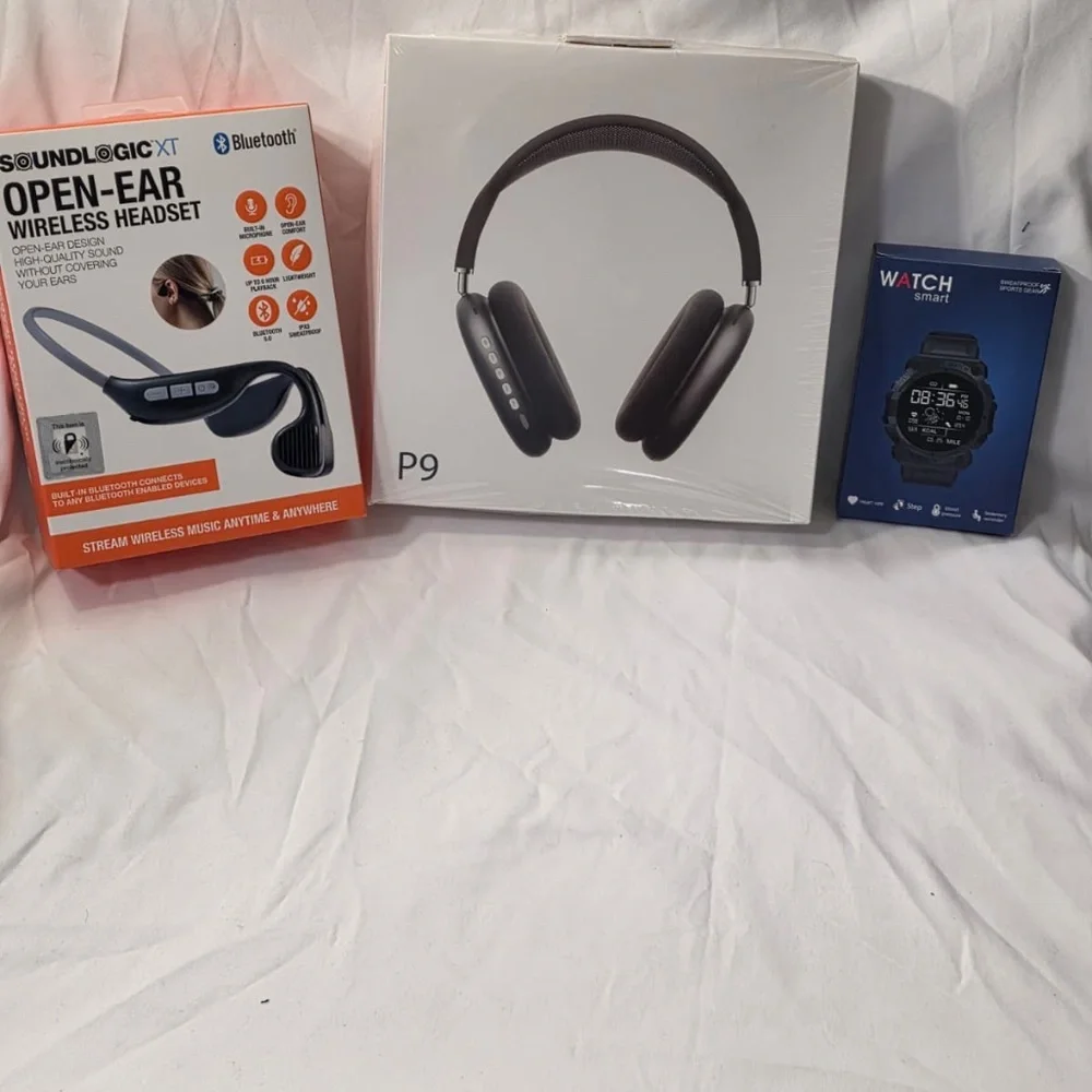 BUNDLE (Black P9 Wireless Headphones + SoundLogic OpenEar + Red Smart Watch)